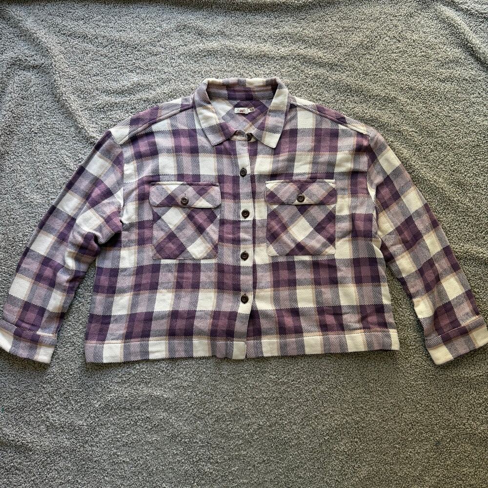 Faherty Surf Flannel Overskirt Cropped Boxy Purple White Check Womens XXL EUC